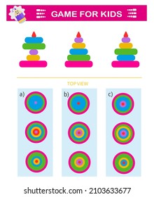 Logical puzzle game. Need to find correct top view of pyramids. IQ training test. Vector illustration. 
