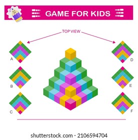 Logical puzzle game. Need to find correct top view of pyramid. IQ training test. Vector illustration. 