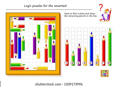 Logical puzzle game for smartest. Need to find a place and draw the remaining pencils in the box. Printable page for brain teaser book. Developing spatial thinking. IQ training test. Vector image.