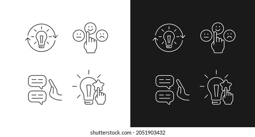 Logical and rational thinking linear icons set for dark and light mode. Emotional maturity. Skeptical view. Customizable thin line symbols. Isolated vector outline illustrations. Editable stroke