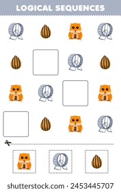 Logical sequences for kids with cute cartoon hamster and stuff printable pet worksheet