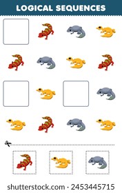 Logical sequences for kids with cute cartoon gecko printable pet worksheet