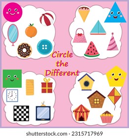 Logical Shapes Worksheet, Math activity worksheet for kids, Circle the different, Shapes circle, triangle, square, and pentagon with objects around us. Fun colorful game puzzle.