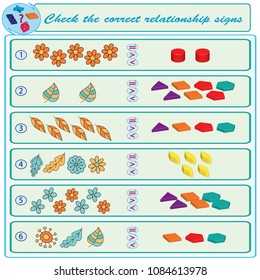 Logical task. Check the correct relationship signs. Vector illustration