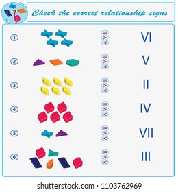 Logical task. Check the correct relationship signs. Vector illustration