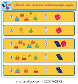 Logical task. Check the correct relationship signs. Vector illustration