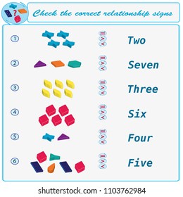 Logical task. Check the correct relationship signs. Vector illustration