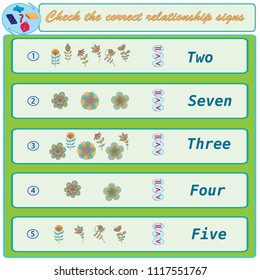 Logical task. Check the correct relationship signs. Vector illustration