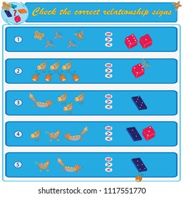 Logical task. Check the correct relationship signs. Vector illustration