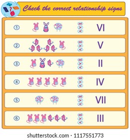 Logical task. Check the correct relationship signs. Vector illustration