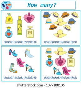 Logical task. Count and mark the number of objects in each quad. Vector illustration
