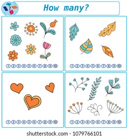Logical task. Count and mark the number of objects in each quad. Vector illustration