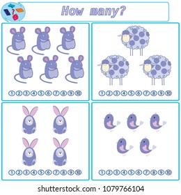 Logical task. Count and mark the number of objects in each quad. Vector illustration