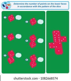 Logical task. Determine the number of points on the lower faces in accordance with the pattern of the dice. Vector illustration
