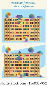 Logical task. Find 10 differences for kids. House with funny aliens. Colorful illustration for children