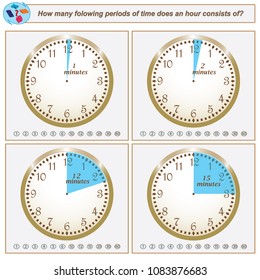 Logical task.How many folowing periods of time does an hour consists of. Vector illustration