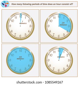Logical task.How many folowing periods of time does an hour consists of. Vector illustration