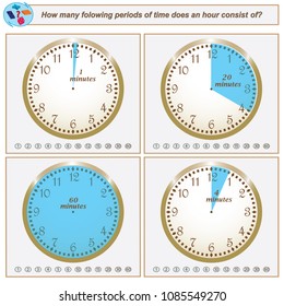 Logical task.How many folowing periods of time does an hour consists of. Vector illustration
