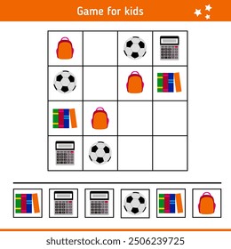 Logical task with school elements. Sudoku, children's educational game . Riddle, quiz for kids