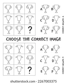 Tareas lógicas compuestas de copa de premio. Prueba de CI. Elija la respuesta correcta. Juego educativo para niños. Ilustración vectorial. Aislado sobre fondo blanco