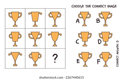 Logical tasks composed of Award cup. IQ test. Choose correct answer. Educational game for children. Vector illustration. Isolated on white background