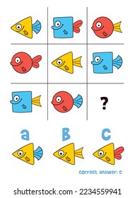 Logical tasks composed of fish. IQ test. Choose correct answer. Educational game for children. Colorful cartoon characters. Funny vector illustration. Isolated on white background