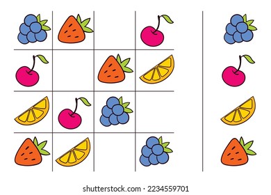 Logical tasks composed of fruit. IQ test. Choose correct answer. Educational game for children. Colorful cartoon characters. Funny vector illustration. Isolated on white background