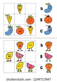 Logical tasks composed of fruit. IQ test. Choose correct answer. Educational game for children