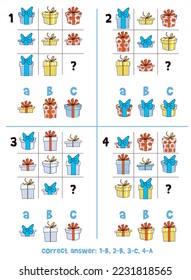 Logical tasks composed of gift boxes. IQ test. Choose correct answer. Educational game for children. Colorful cartoon characters. Funny vector illustration. Isolated on white background