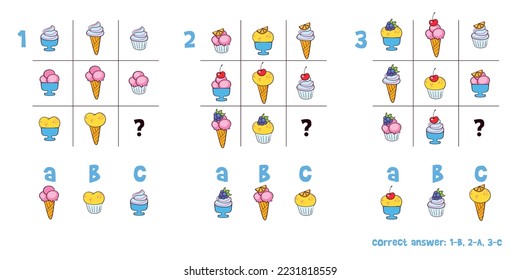 Logical tasks composed of ice cream. IQ test. Choose correct answer. Educational game for children. Colorful cartoon characters. Funny vector illustration. Isolated on white background