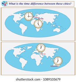 Logical task.What is the time difference between these cities? Vector illustration