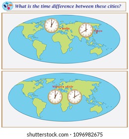 Logical task.What is the time difference between these cities? Vector illustration