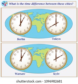 Logical task.What is the time difference between these cities? Vector illustration