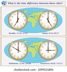 Logical task.What is the time difference between these cities? Vector illustration