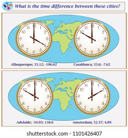Logical task.What is the time difference between these cities? Vector illustration