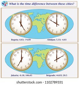 Logical task.What is the time difference between these cities? Vector illustration