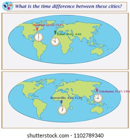 Logical task.What is the time difference between these cities? Vector illustration