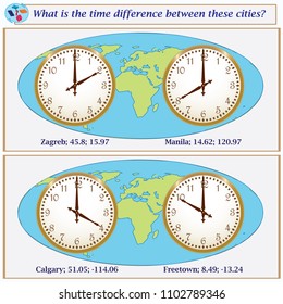 Logical task.What is the time difference between these cities? Vector illustration