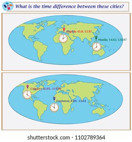 Logical task.What is the time difference between these cities? Vector illustration