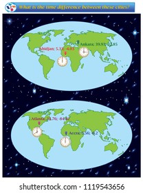 Logical task.What is the time difference between these cities? Vector illustration