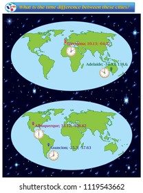 Logical task.What is the time difference between these cities? Vector illustration