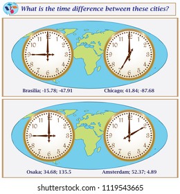 Logical task.What is the time difference between these cities? Vector illustration