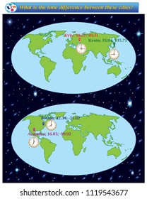 Logical task.What is the time difference between these cities? Vector illustration