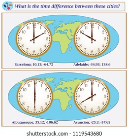 Logical task.What is the time difference between these cities? Vector illustration