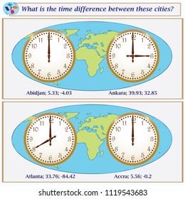 Logical task.What is the time difference between these cities? Vector illustration