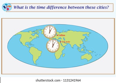 Logical task.What is the time difference between these cities? Vector illustration