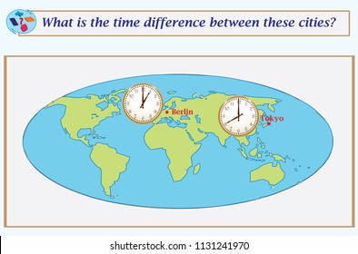 Logical task.What is the time difference between these cities? Vector illustration