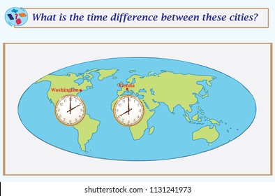 Logical task.What is the time difference between these cities? Vector illustration