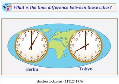 Logical task.What is the time difference between these cities? Vector illustration