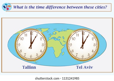 Logical task.What is the time difference between these cities? Vector illustration